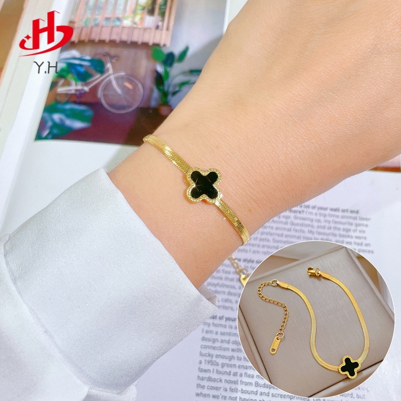 Y.H 316L โคลเวอร์สี่ใบ โซ่ใบมีด สีทอง 18K สร้อยข้อมือสแตนเลส