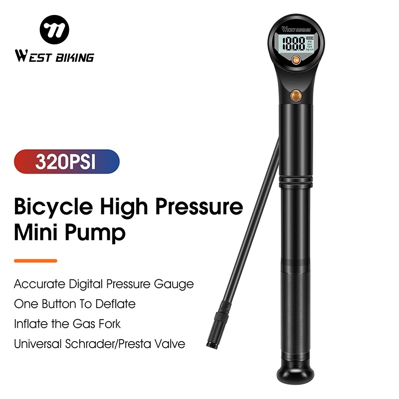 WEST BIKING เครื่องปั๊มลมยางรถจักรยาน ขนาดเล็ก พร้อมมิเตอร์ 320Psi สําหรับรถจักรยานเสือภูเขา