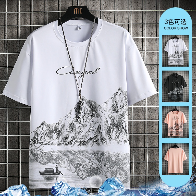 เสื้อยืดคอกลมผ้าไหมน้ำแข็งสำหรับผู้ชาย สวมใส่ง่ายสบายในฤดูร้อน ออกแบบให้ระบายอากาศได้ดี มีสไตล์ทันสมัย