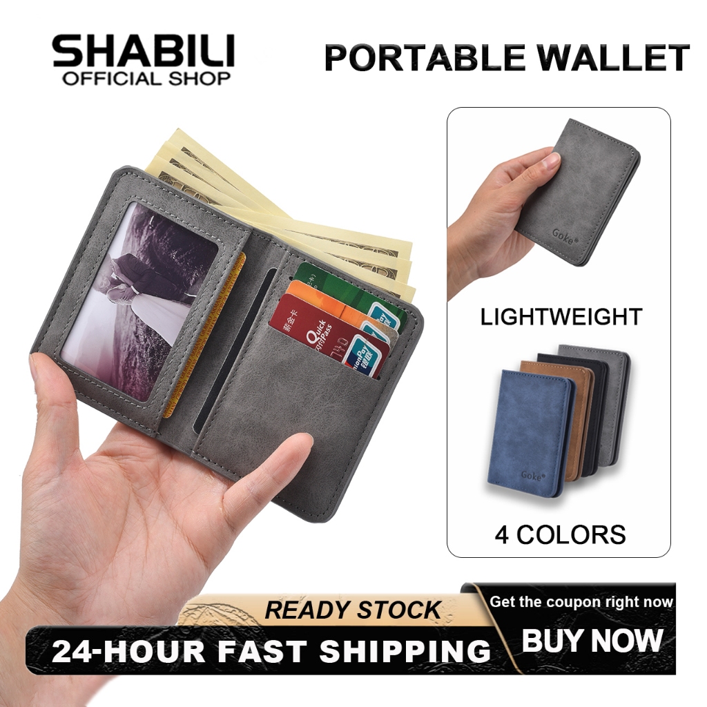 SHABILI กระเป๋าสตางค์ใบสั้นกระเป๋าสตางค์ผู้ชายผู้ถือบัตรน้ําหนักเบาพกพาสะดวกแฟชั่นวัสดุ PU คุณภาพสูง