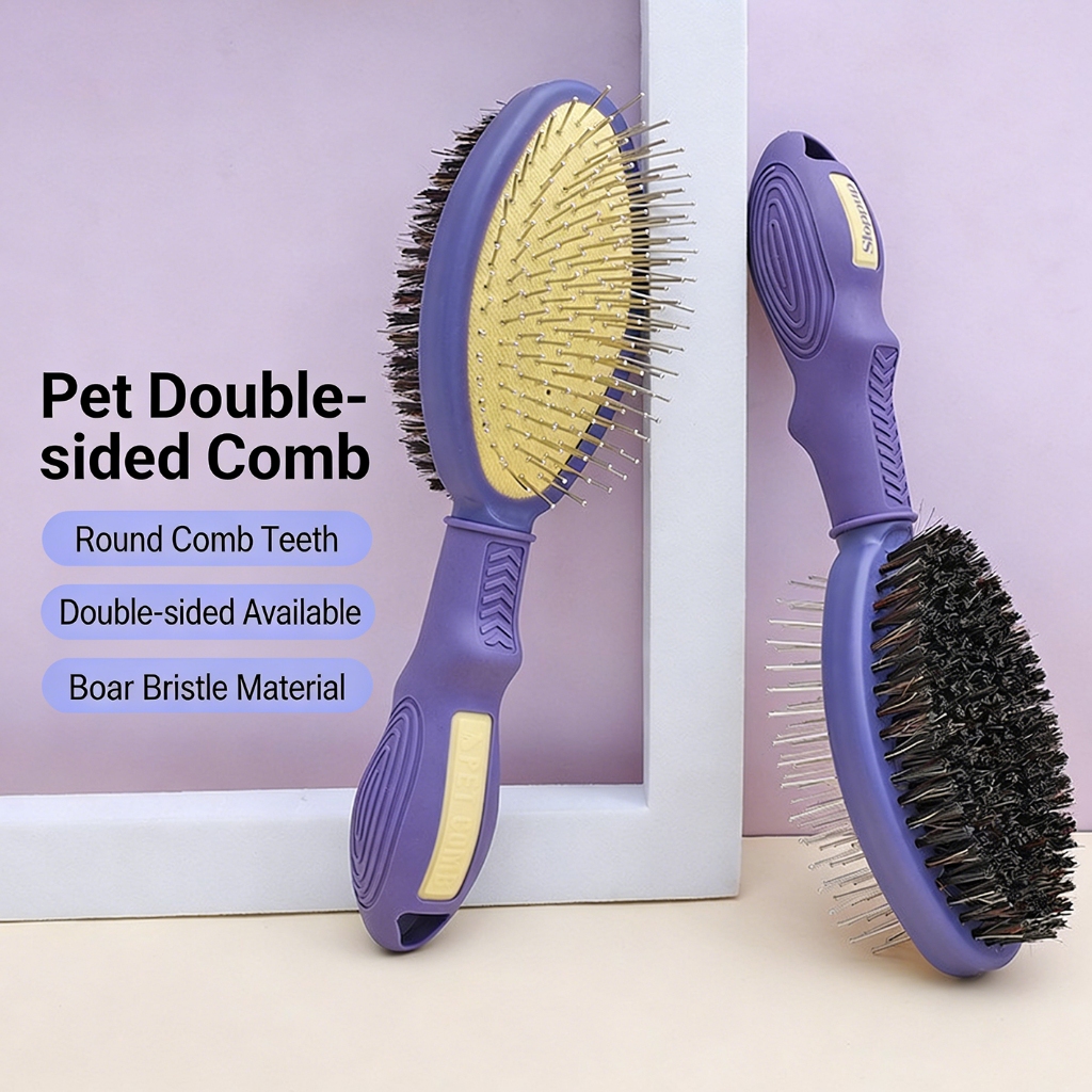 สองด้านสัตว์เลี้ยงกรูมมิ่งแปรง 2-in-1 รอบ Pins & Boar ขนแปรง Slicker หวีสําหรับสุนัขแมว, Air Cushion นวด Anti-Slip TPR จับ Detanglle ลบหลวมขนสัตว์