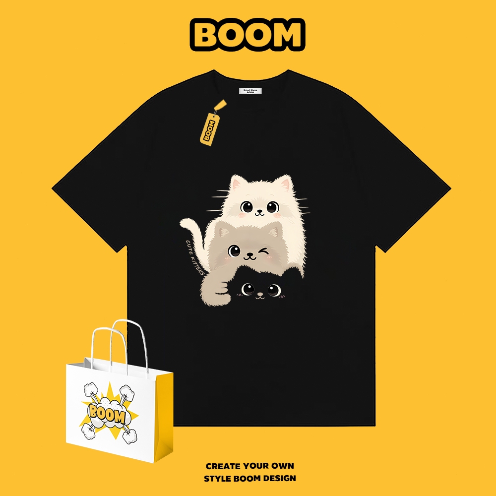 BOOM เสื้อยืดคอกลม ใส่ได้ทั้งชายและหญิง ลายการ์ตูนแมวน้อย ผ้าฝ้าย 100% ระบายอากาศดี ดีไซน์เก๋ เหมาะสำหรับเยาวชน