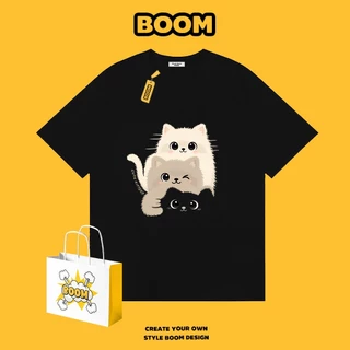 BOOM เสื้อยืดคอกลม ใส่ได้ทั้งชายและหญิง ลายการ์ตูนแมวน้อย ผ้าฝ้าย 100% ระบายอากาศดี ดีไซน์เก๋ เหมาะสำหรับเยาวชน