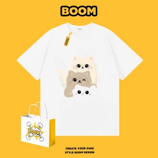 BOOM เสื้อยืดคอกลม ใส่ได้ทั้งชายและหญิง ลายการ์ตูนแมวน้อย ผ้าฝ้าย 100% ระบายอากาศดี ดีไซน์เก๋ เหมาะสำหรับเยาวชน