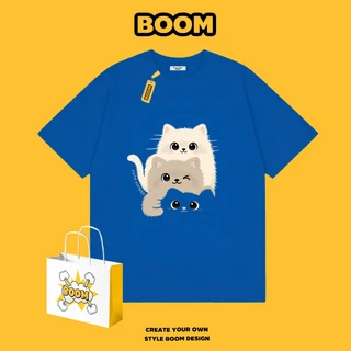 BOOM เสื้อยืดคอกลม ใส่ได้ทั้งชายและหญิง ลายการ์ตูนแมวน้อย ผ้าฝ้าย 100% ระบายอากาศดี ดีไซน์เก๋ เหมาะสำหรับเยาวชน