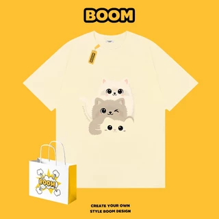 BOOM เสื้อยืดคอกลม ใส่ได้ทั้งชายและหญิง ลายการ์ตูนแมวน้อย ผ้าฝ้าย 100% ระบายอากาศดี ดีไซน์เก๋ เหมาะสำหรับเยาวชน