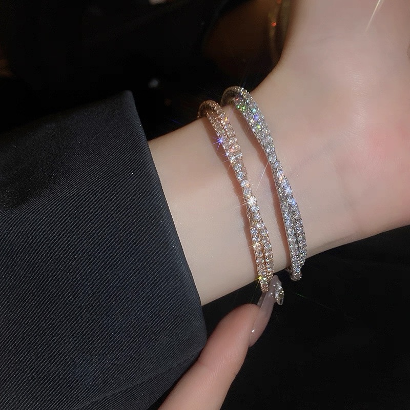 แฟชั่นเกาหลี Double-Layer Zircon X-Shaped สร้อยข้อมือผู้หญิงสีเงินของขวัญวันเกิดที่สวยงามสําหรับนักเรียน