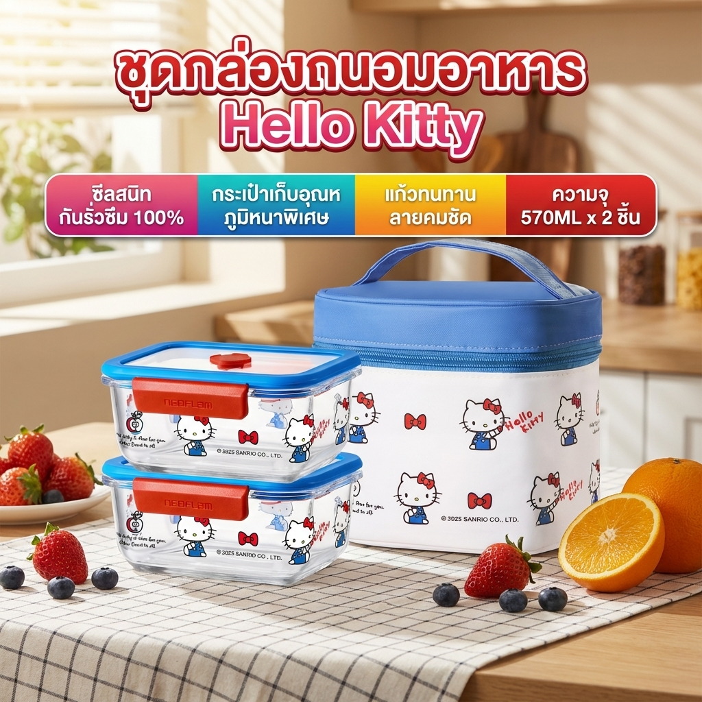[Aria] Neoflam Hello Kitty กล่องเก็บแก้วไมโครเวฟความร้อนกล่องอาหารกลางวันกล่องเก็บสูญญากาศ