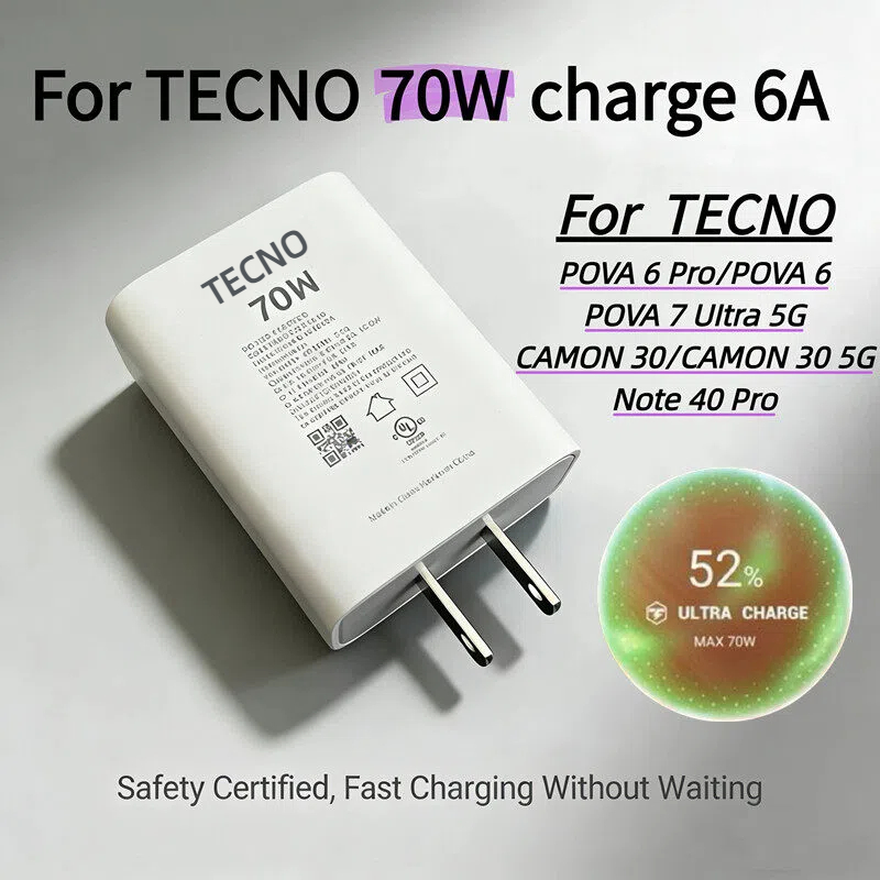 สําหรับ TECNO 70W Super Fast Charger USB-C Power Adapter สําหรับ POVA 6 / POVA 7 UItra 5G / CAMON 30