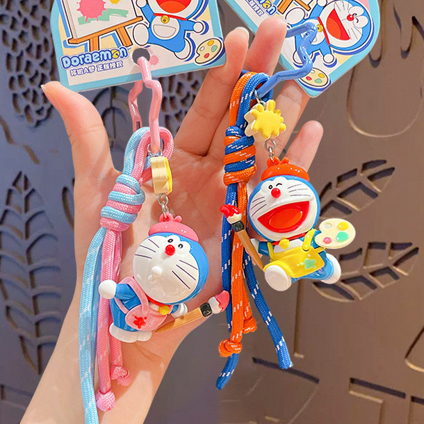 ของแท้ Doraemon Painter miu Keychain Cute Tinkerbell Cat Doll Pendant Small Gift