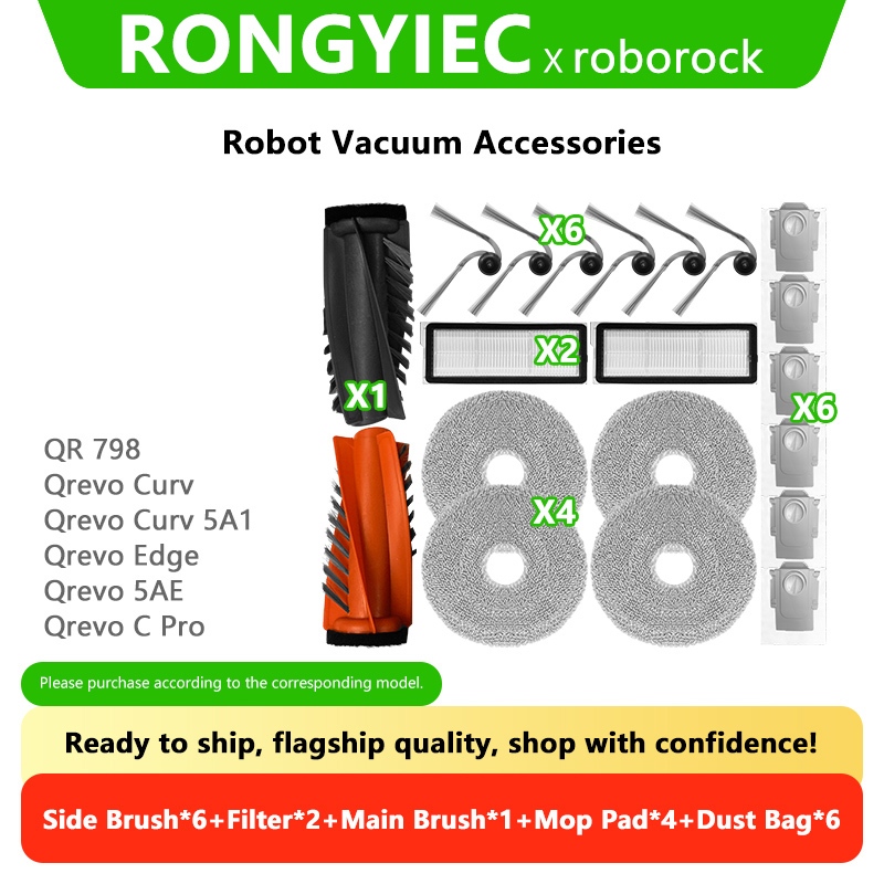 Rongyiec Robot Vacuum Accessories Kit Side Brush,Filter,Mop Pad,Dust Bag เข้ากันได้กับ:Roborock Qrev