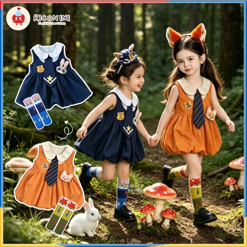 Judy & NickGirls ชุดการ์ตูนมาใหม่กระต่าย Fox พิมพ์ JK Academy สไตล์ตุ๊กตาคอปก Bud Hem Princess ชุดเด็ก