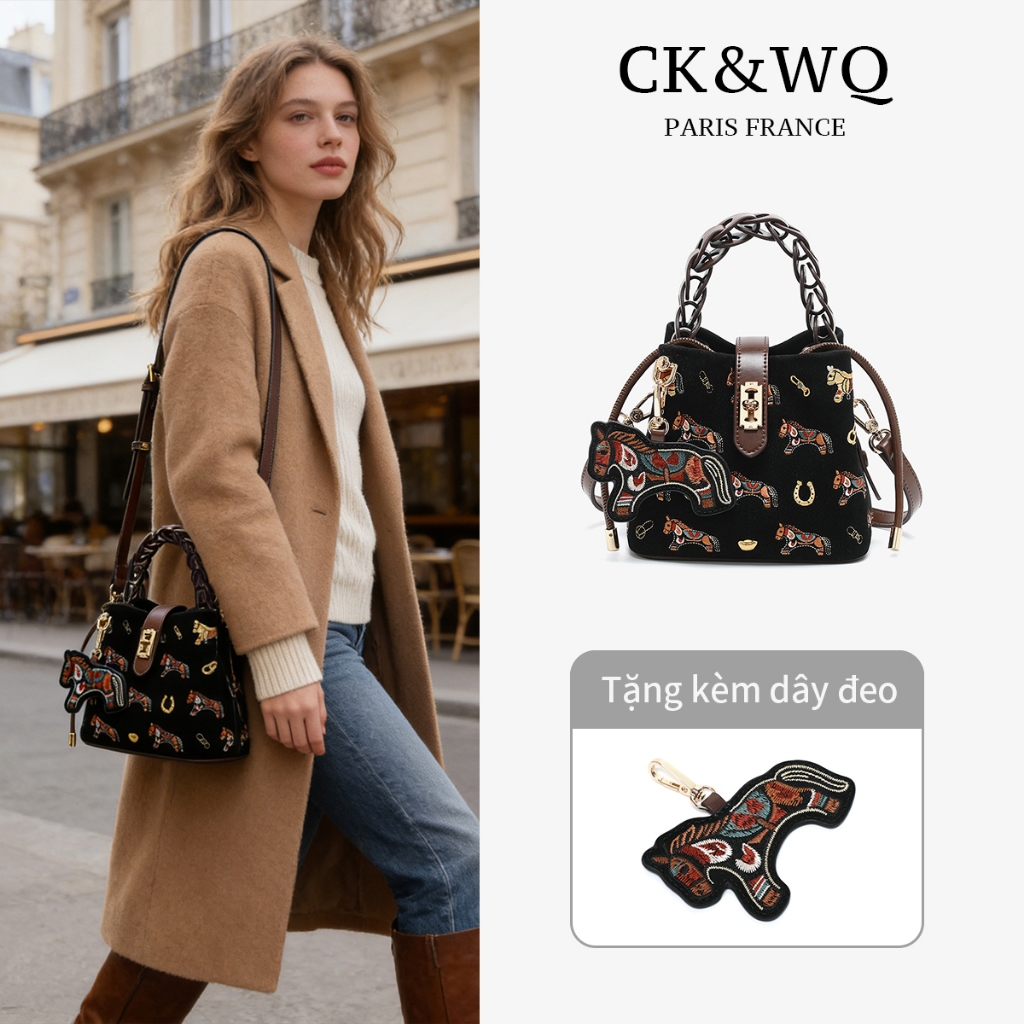CK&WQ กระเป๋าทรงถังปักลายสัตว์, กระเป๋าสะพายและสะพายข้างแฟชั่นสตรีพร้อมสายโซ่