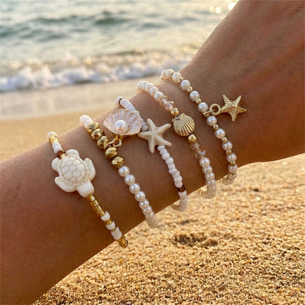 สร้อยข้อมือสังข์เต่ามุกแบบปรับได้ แฟชั่นฤดูร้อน เหมาะสำหรับของขวัญวันหยุด
