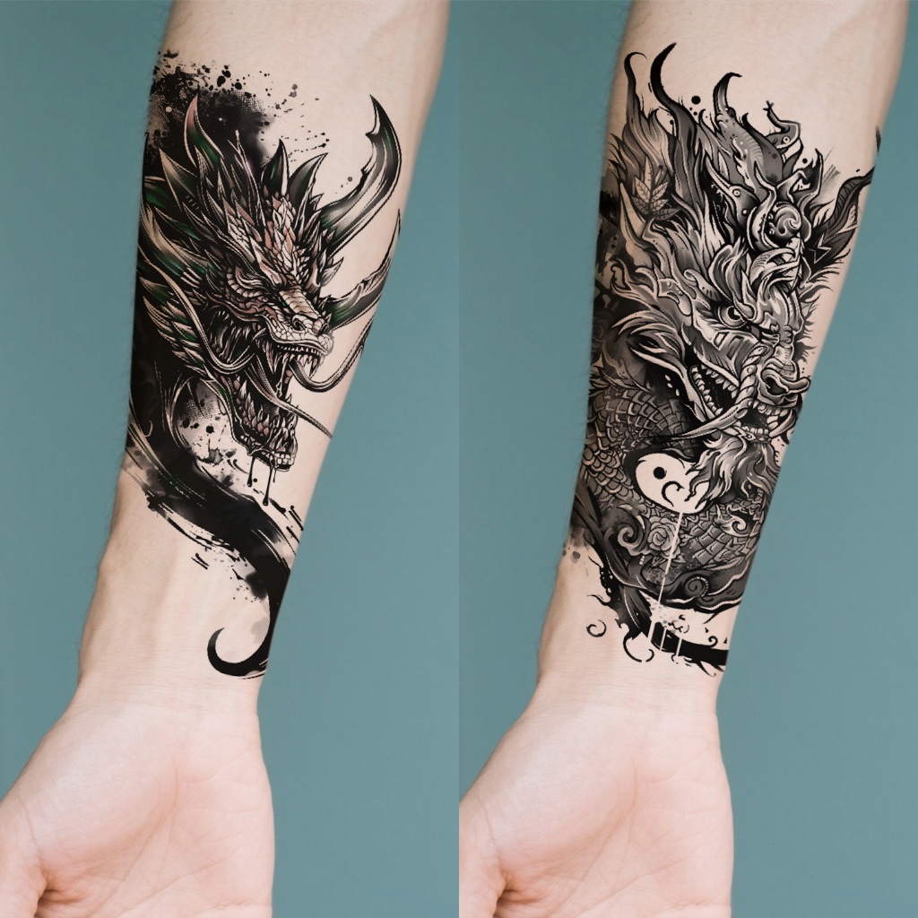สติ๊กเกอร์รอยสักสีดํา กันน้ํา Mighty Dragon Masculine Domineering Cool Artistic สไตล์ใหม่เหมาะสําหรับผู้ชาย/ชายสามารถ Stick Arm สติกเกอร์สีชั่วคราวเทศกาลดนตรี Body Art Party แต่งหน้าชั่วคราว Tattoo สติกเกอร์ปลอดภัย