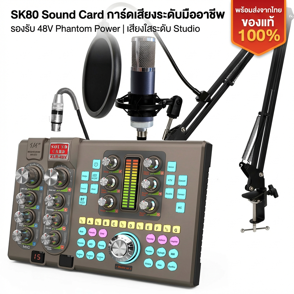 [พร้อมส่งจากไทย] SK80 Sound Card ชุดอุปกรณ์ไลฟ์สด คาราโอเกะ รองรับ 48V Phantom Power ไมค์ XLR เสียงใ