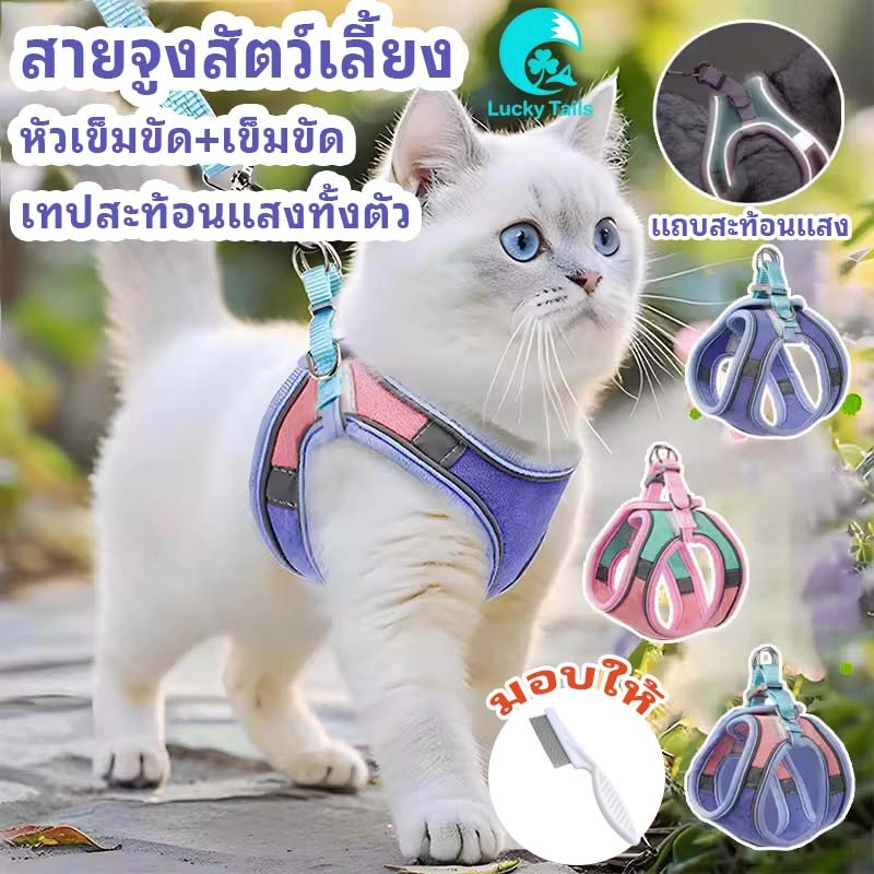 Lucky Tail เชือกดึงสัตว์เลี้ยง สายจูงแมวแบบเสื้อกั๊กน่ารัก มีสายรัดหน้าอกและหลังเพื่อป้องกันการหลุด และมีแถบสะท้อนแสง