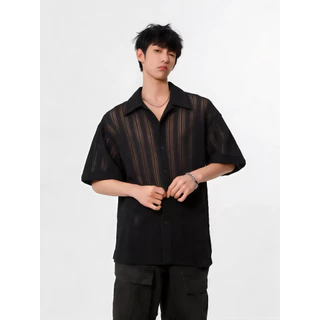 เสื้อเชิ้ตผู้ชายแขนสั้น ทรงคิวบา ผ้าถักลายฉลุ โปร่งระบายอากาศ เย็นสบาย สไตล์แฟชั่นฤดูร้อน