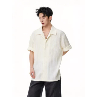 เสื้อเชิ้ตผู้ชายแขนสั้น ทรงคิวบา ผ้าถักลายฉลุ โปร่งระบายอากาศ เย็นสบาย สไตล์แฟชั่นฤดูร้อน