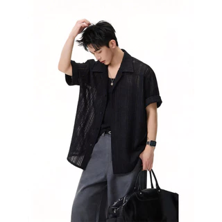 เสื้อเชิ้ตผู้ชายแขนสั้น ทรงคิวบา ผ้าถักลายฉลุ โปร่งระบายอากาศ เย็นสบาย สไตล์แฟชั่นฤดูร้อน