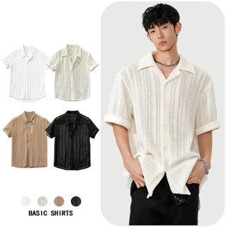 เสื้อเชิ้ตผู้ชายแขนสั้น ทรงคิวบา ผ้าถักลายฉลุ โปร่งระบายอากาศ เย็นสบาย สไตล์แฟชั่นฤดูร้อน