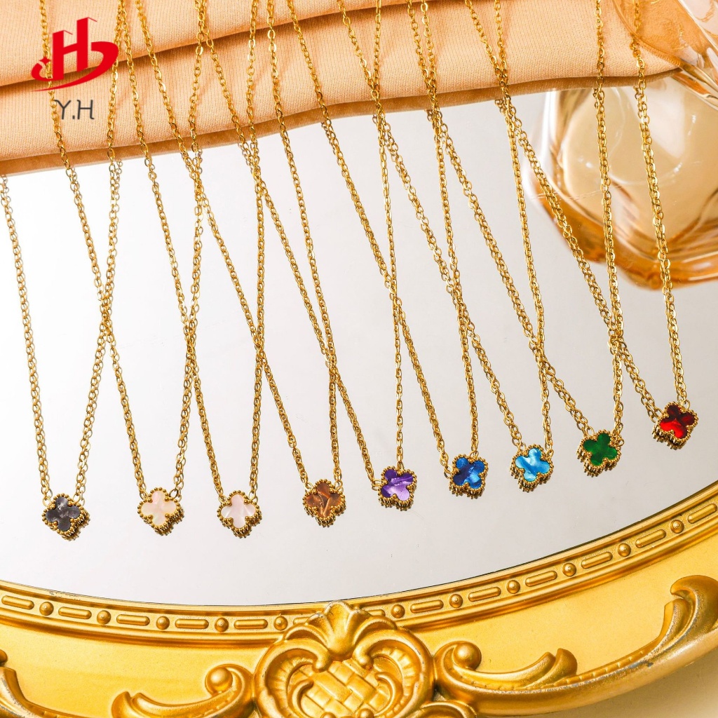 ⭐Y.H⭐ โคลเวอร์สี่ใบ 13mm ทองคำ สําหรับผู้หญิง สร้อยคอสแตนเลส