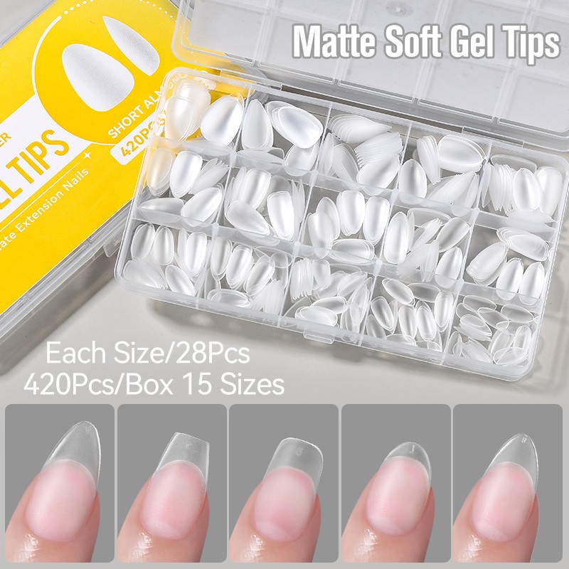 UR SUGAR 420pcs Matte เล็บปลอมแคปซูลอัลมอนด์โลงศพรูปไข่คลุมทั้งหมดเล็บปลอม Frosted ประดิษฐ์เล็บนุ่มเจลเคล็ดลับ