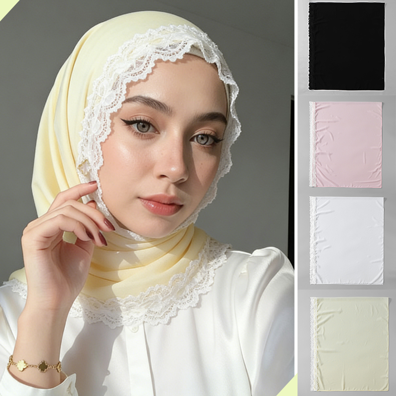 LMLAVEEN ลูกไม้สีทึบผ้าคลุมไหล่ Hijab สบายชีฟอง Headscarf ผู้หญิงสีชมพูผ้าพันคอมุสลิมทุกวัน Tudung