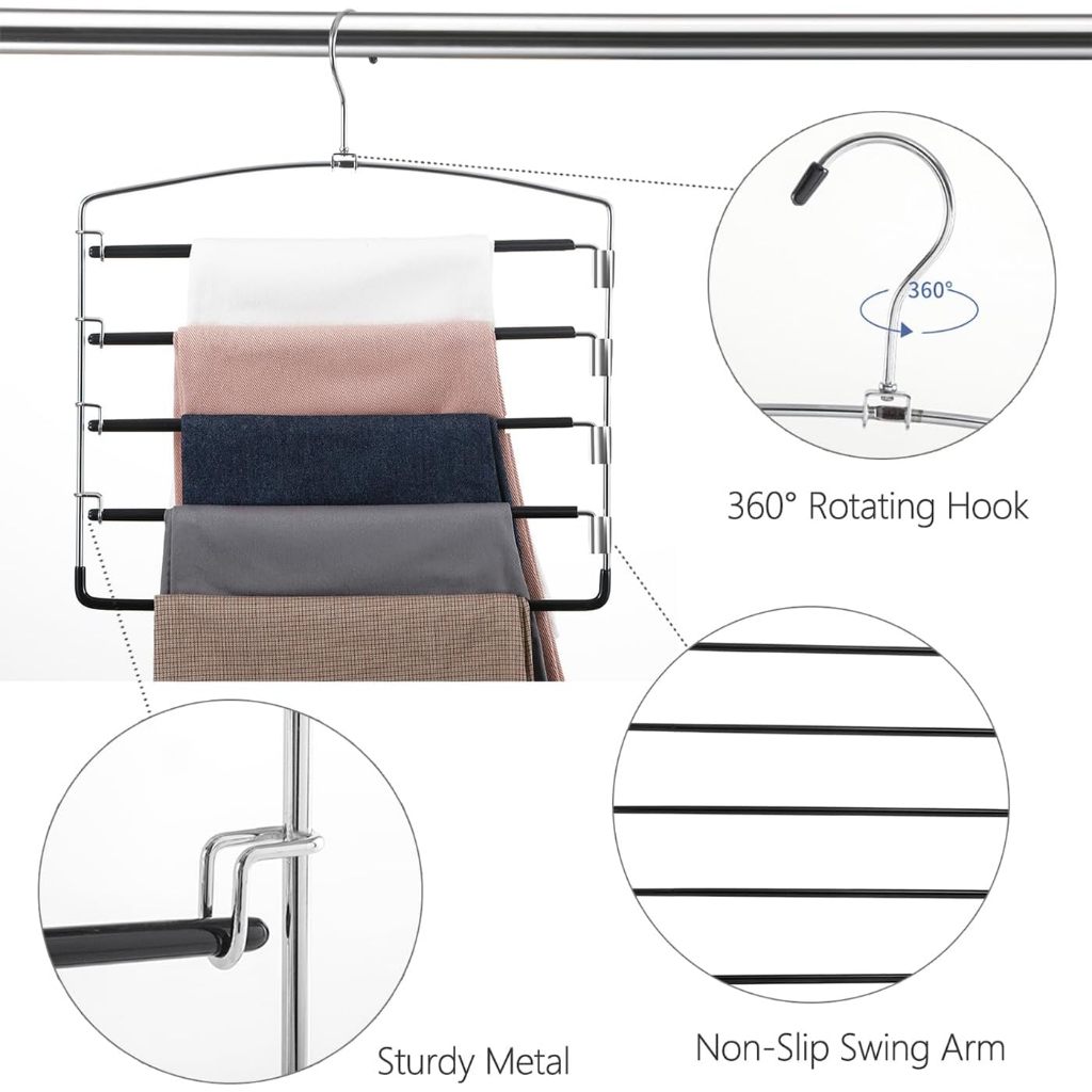 FeeraHozer กางเกงแขวนลื่น 1 แพ็คประหยัดพื้นที่ไม้แขวนเสื้อ Multi-Layer Swing Arm กางเกงแขวนสแตนเลส Space Saver ตู้เสื้อผ้าจัดเก็บสําหรับกางเกงยีนส์ Slack