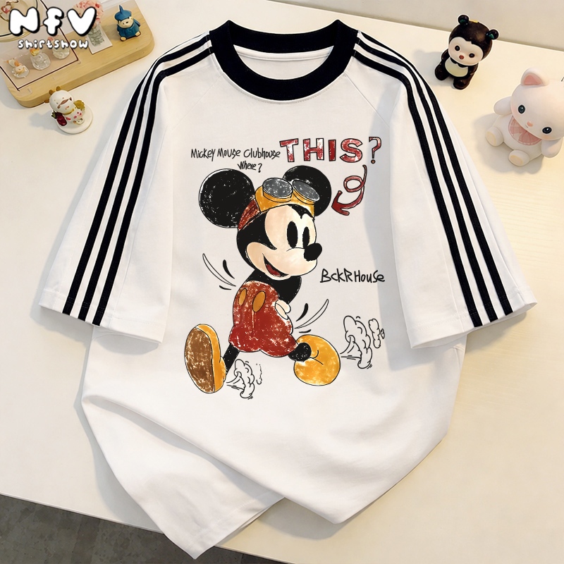 【จัดส่งตลอด 24 ชั่วโมง】NFV แฟชั่นเกาหลี💕ระบายอากาศ เสื้อยืดแขนสั้นคอกลม ลายพิมพ์ Mickey Mouse  ทรงหลวม ใส่สบาย YG3354