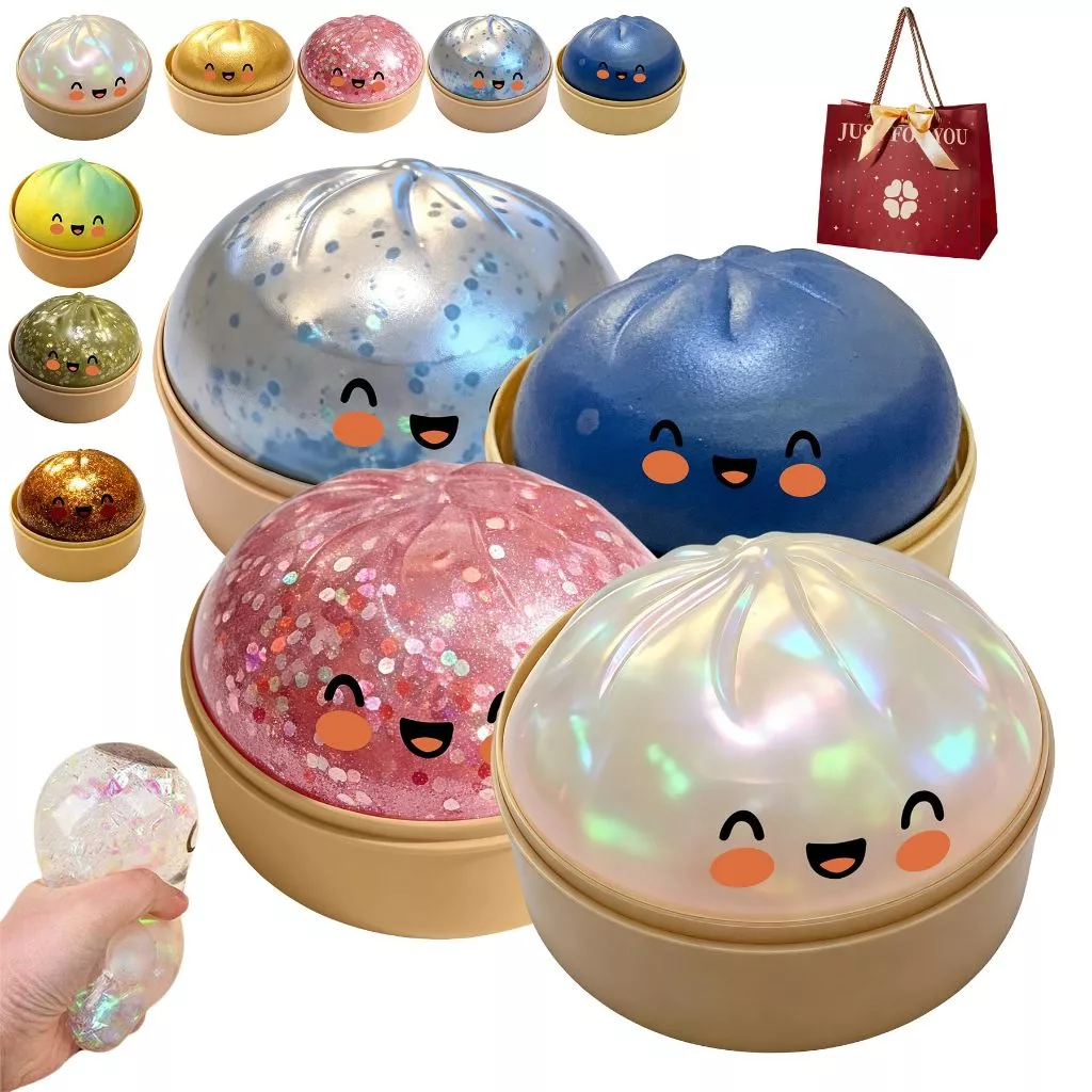 2026 Glitter Dumpling Squishy ของเล่น,ช้า Rising Soft Squeeze Ball พร้อมการแสดงออกน่ารัก Sensory Fidget,น่ารัก Bao Bun Fidget ของเล่นพร้อมกล่อง Steamer สําหรับความวิตกกังวลและความเครียดบรรเทา