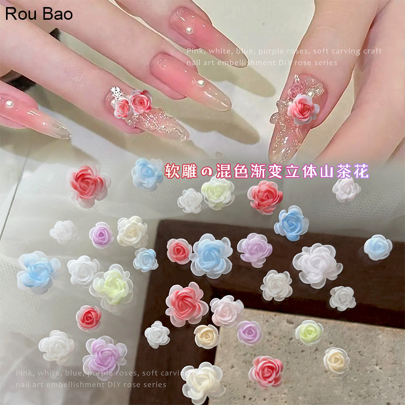 Rou Bao 50 ชิ้นเล็บแกะสลักนุ่ม Camellia ดอกไม้ Girly DIY เล็บ Art Charms ตกแต่ง