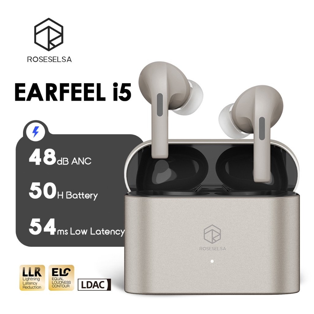 ROSESELSA EARFEEL i5 หูฟังไร้สายตัดเสียงรบกวน ANC 48dB เสียง Hi-Res รองรับ LDAC โหมดเกม ดีเลย์ต่ำ 54ms เชื่อมต่อพร้อมกัน 2 อุปกรณ์ ไมค์ 4 ตัว + AI โทรชัด แบตอึดสูงสุด 50 ชม.ชาร์จเร็ว 10 นาที ฟังได้ 12 ชม. กันน้ำ IPX5