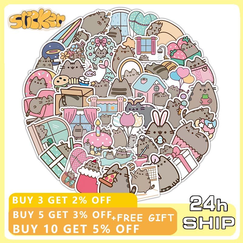 51 ชิ้นน่ารัก Pusheen การ์ตูนสติกเกอร์กันน้ํา DIY เครื่องเขียนโทรศัพท์ไดอารี่ Kawaii Graffiti สติกเกอร์