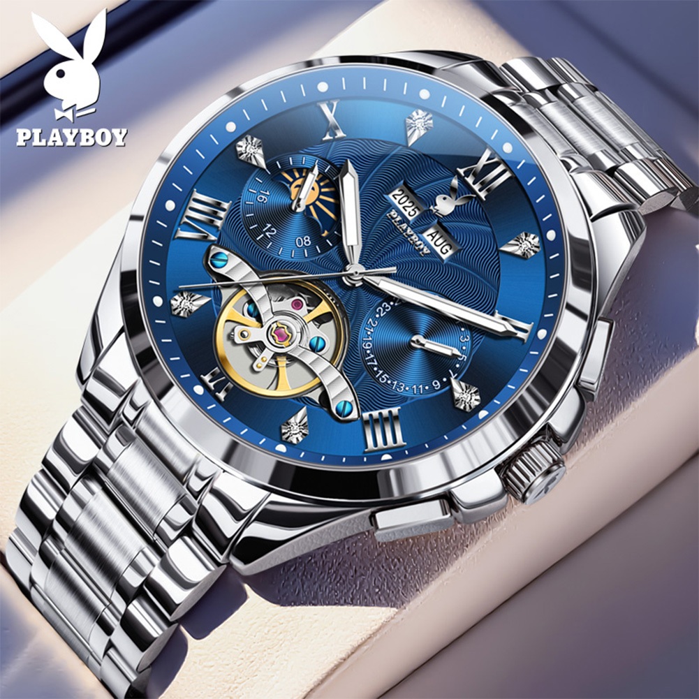 PLAYBOY 3090 Simple Trendy Mechanical Watch Calendar Steel Band All-Match Mens Watch (กล่องนาฬิกาเดิม)