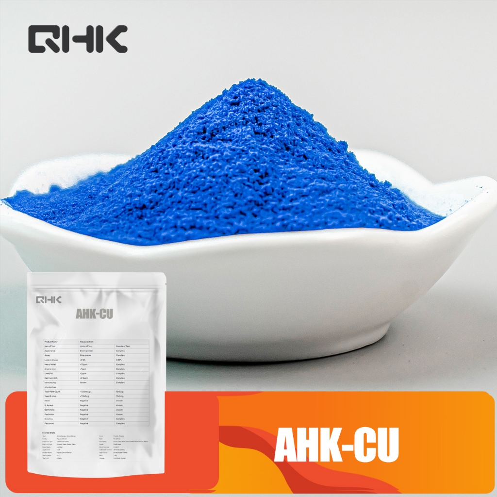 AHK-Cu ทองแดงเปปไทด์ Alanine/Histidine/Lysine Polypeptide ทองแดงเครื่องสําอางเกรดวัตถุดิบซ่อมแซมผม Anti-Aging Skincare Qinghekang