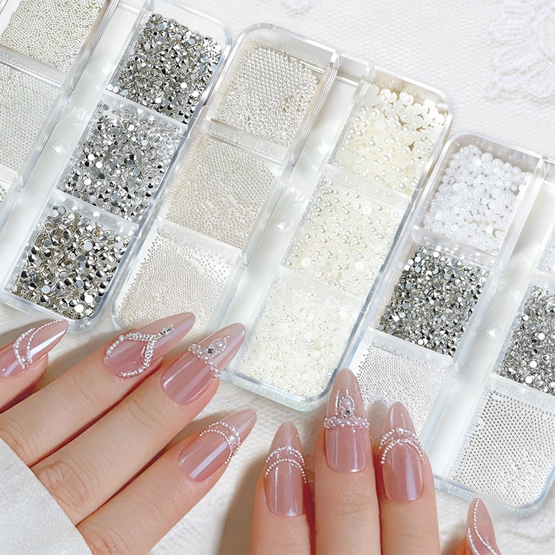 6 กริดลูกมุกชุด DIY เล็บ Charm สีขาวรอบ/ครึ่งรอบ Pearl Ball Fairy Nail Art เครื่องประดับอุปกรณ์เสริมเล็บเครื่องมือ