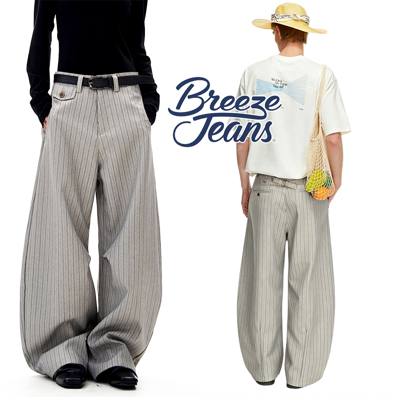 BREEZE JEANS กางเกงขากว้างลายทาง คลีนฟิตวินเทจ ทรงโค้งผ้าใส่ เย็นสบาย ซ่อนขาใหญ่ ผู้ชายผู้หญิงใส่ได้