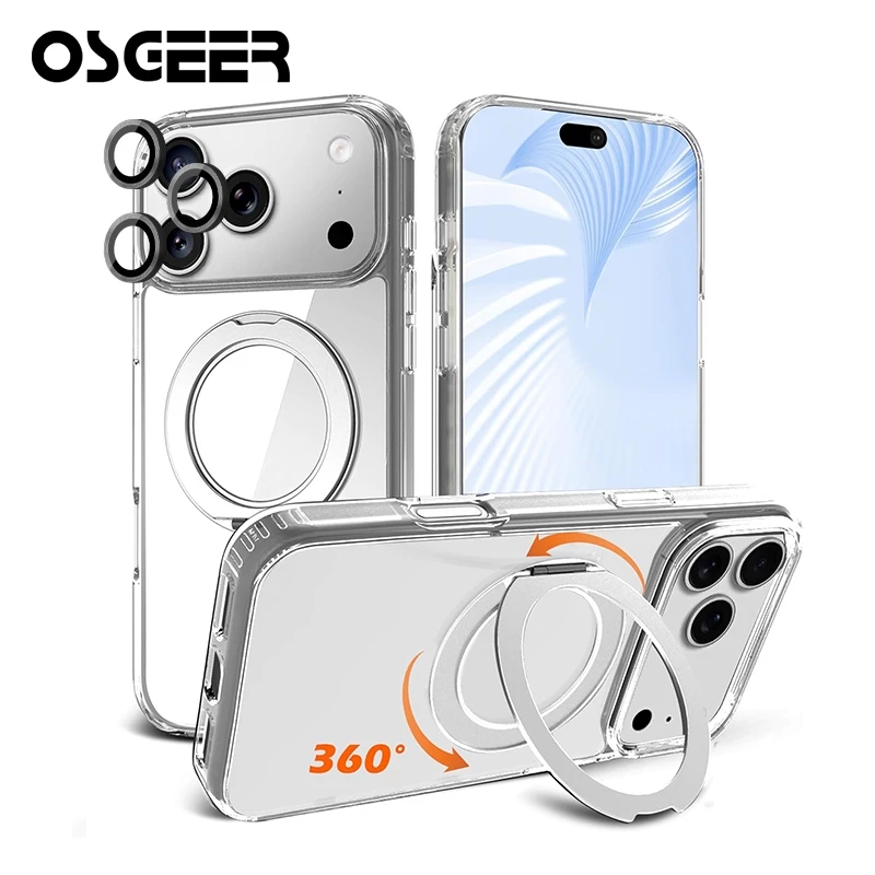 OSGEER เคสแม่เหล็กสําหรับ iPhone 17 16 15 14 13 12 11 Pro Max, [พร้อม 360° ขาตั้งแหวนหมุนได้] ป้องกันการหล่น, ฝาครอบโทรศัพท์ป้องกันกันกระแทกป้องกันการเยาะเย้ย