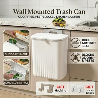 SUNNY SPACES 9L Wall Mounted Trash Can With Cover Hanging Trash Bin Garbage Bin For Kitchen Bathroom