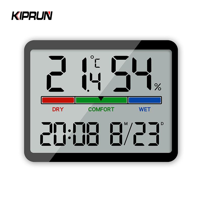KIPRUN เครื่องวัดอุณหภูมิและความชื้น นาฬิกาดิจิตอลบนผนัง นาฬิกาปลุกอเนกประสงค์ ตัววัดความชื้นพร้อมหน้าจอแสดงเวลาและวันที่ จอแสดงผล LCD ขนาดใหญ่