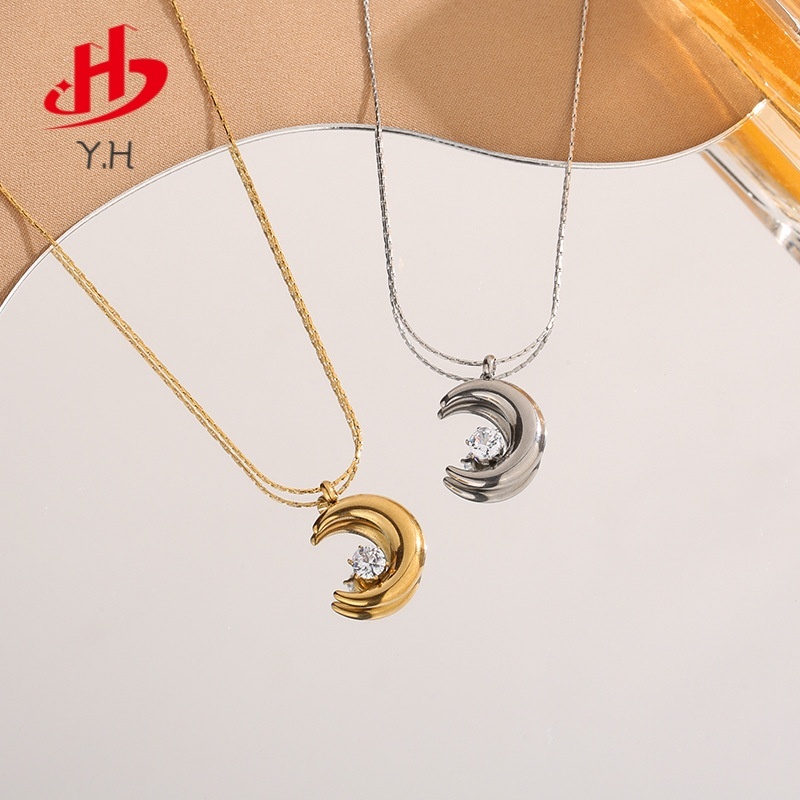 ⭐Y.H⭐ ดวงจันทร์ เพชร สีทอง 18K สร้อยคอสแตนเลส