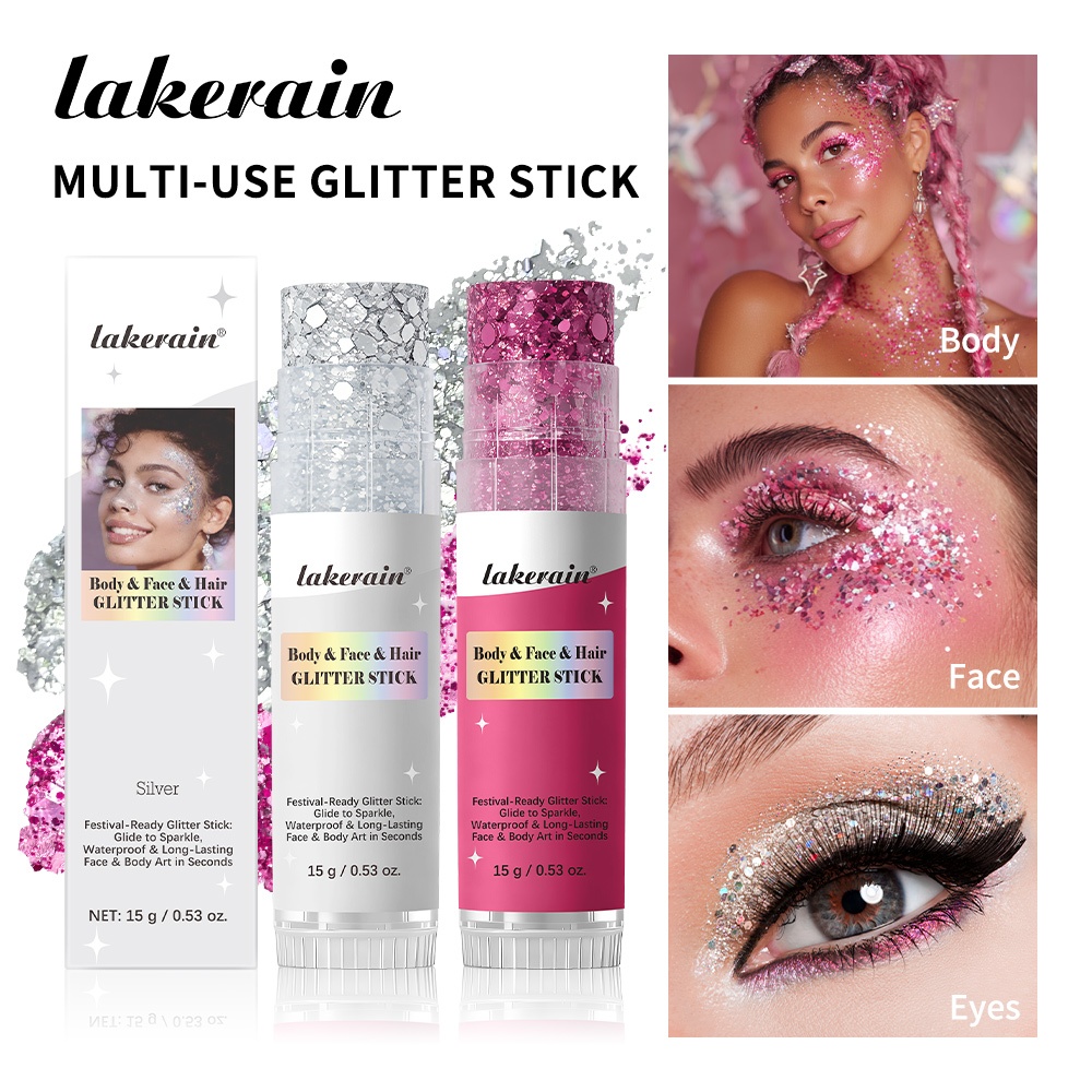 Lakerain Glitter Stick กันน้ํายาวนาน Multi-ใช้เม็ดสีสูงใช้งานง่าย Body & Face Glitter Stick, Full Bo