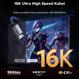 UGREEN สาย HDMI 16K 2.2 ความเร็วสูงพิเศษ 96Gbps, เปลือกอลูมิเนียม + ดีไซน์ถัก, สําหรับแล็ปท็อป/โปรเจคเตอร์/Samsung TV/จอภาพ, HDR 10+ HDR Vision, 2M