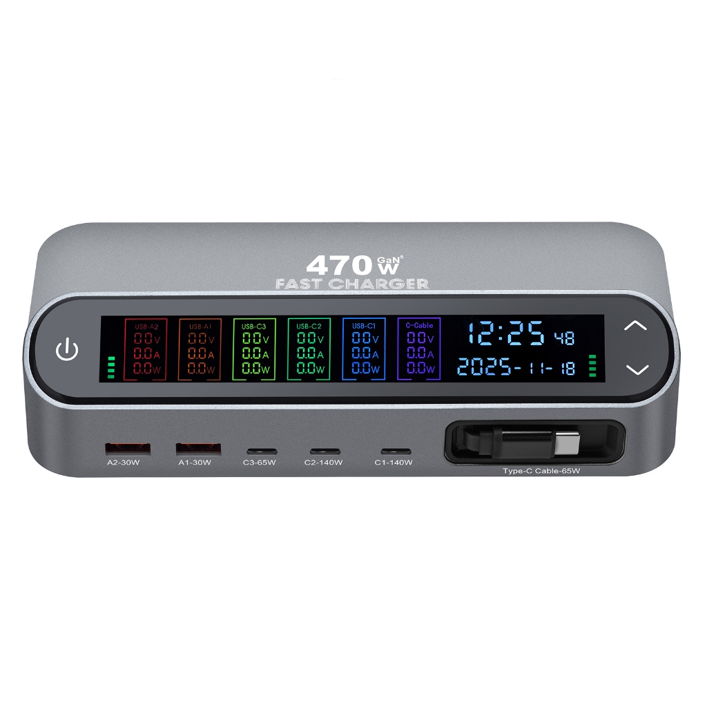 PD405W Digital Display GaN สถานีชาร์จเดสก์ท็อป, PD470W Digital Display GaN charger พร้อมสถานีชาร์จเดสก์ท็อปพร้อมสายเคเบิลติดตาม, 140W Super Fast CHARGING