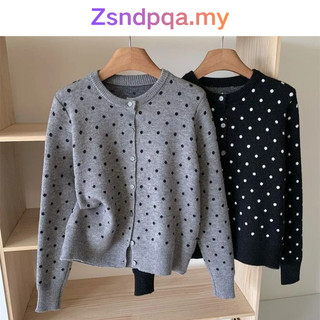 ?Zsndpqa?‌Polka Dot knit Cardigan Women Korean Style Round Neck Sweater Soft knitwear Baju Perempuan