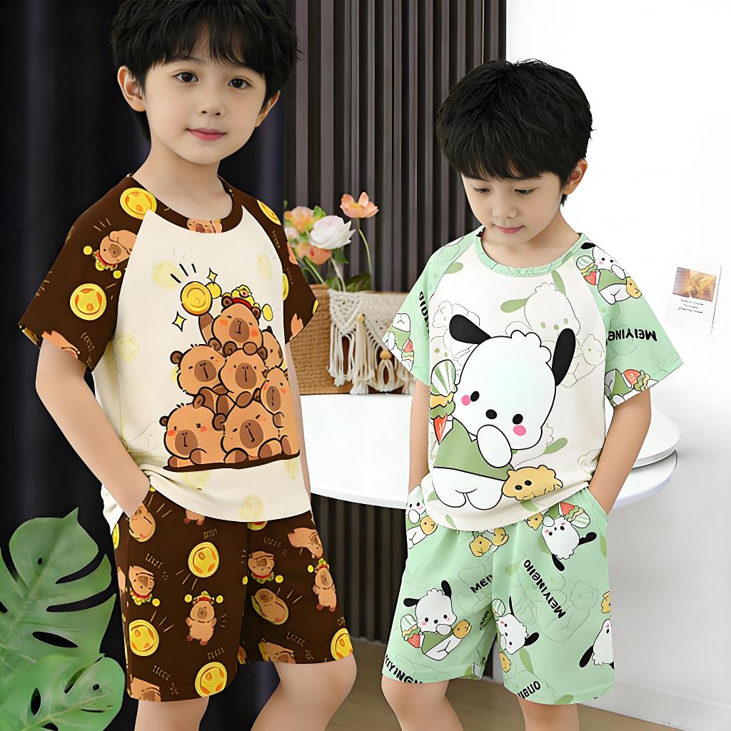 ชุดนอนลายฮีโร่น่ารักแขนสั้นคอกลม เหมาะสำหรับเด็กผู้ชายและผู้หญิงอายุ 4-5 ปี สไตล์เกาหลี ราคา ถูกที่สุด ดีลบีเคเค