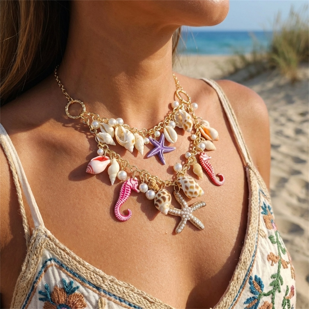 ซู่หยิน | สีสัน Marine Charm ปลาดาว Shell Chunky สร้อยคอ Vintage ความงามวันหยุดชายหาดสําหรับผู้หญิง