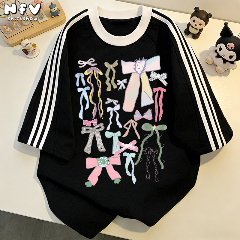 NFVใ หม่ล่าสุด✨ลายพิมพ์โบว์สีชมพู เสื้อยืดผู้หญิงoversized ผ้าฝ้ายแท้ ระบายอากาศ YG787 ราคา ถูกที่สุด ดีลบีเคเค แกลเลอรีภาพที่ 3