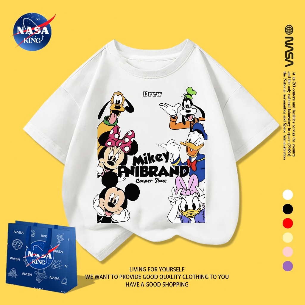 NASA เสื้อยืดแขนสั้นเด็ก ลายการ์ตูนมิกกี้ ผ้าฝ้าย นุ่มสบาย แขนสั้นสีขาว